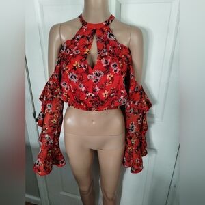 House of Harlow 1960 Red Ruffled Crop Blouse Small